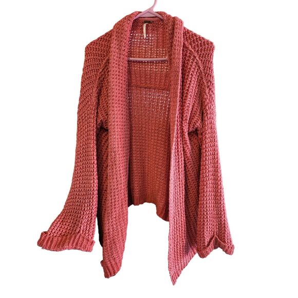 Free People Cardigan Sweater XS Womens Long Sleece Loose Knit Boho Pull On Red - Picture 1 of 7